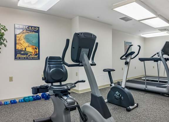 A gym with a treadmill, elliptical trainer and a stationary bike.
