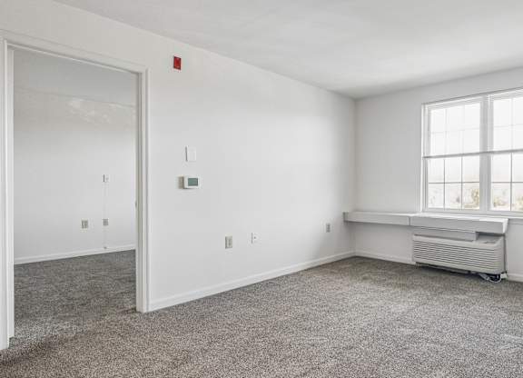 A room with a window and a radiator on the wall.