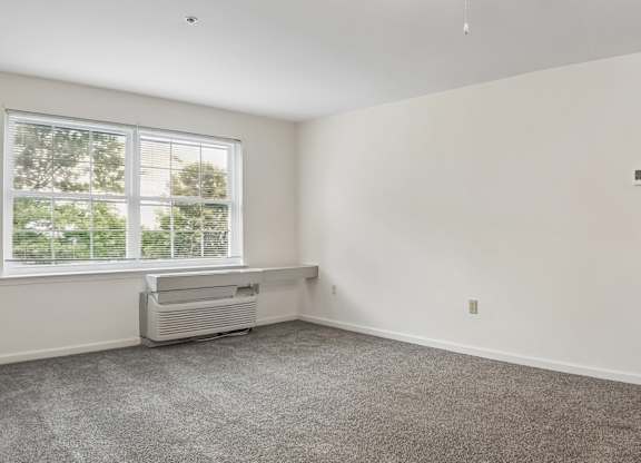 A spacious room with a window and a radiator on the wall.