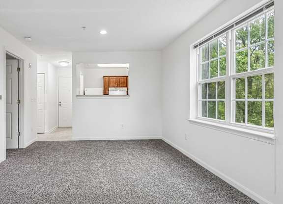A large empty room with a carpeted floor and a window.