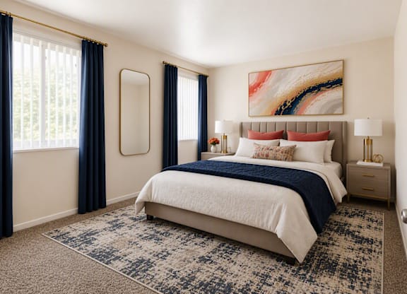 A bedroom with a large bed and a painting on the wall.