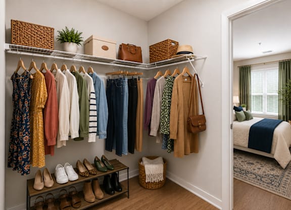 A closet with a variety of clothes and shoes.