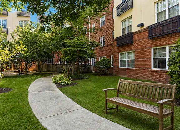 A park with a bench and a pathway.