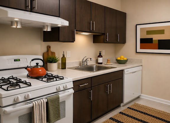A modern kitchen with a white stove and brown cabinets.