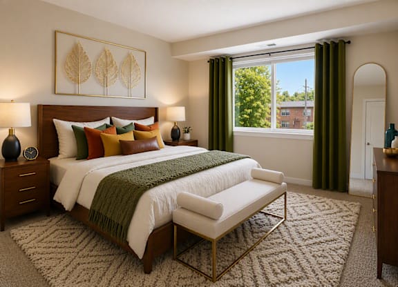 A bedroom with a large bed and a window with green curtains.