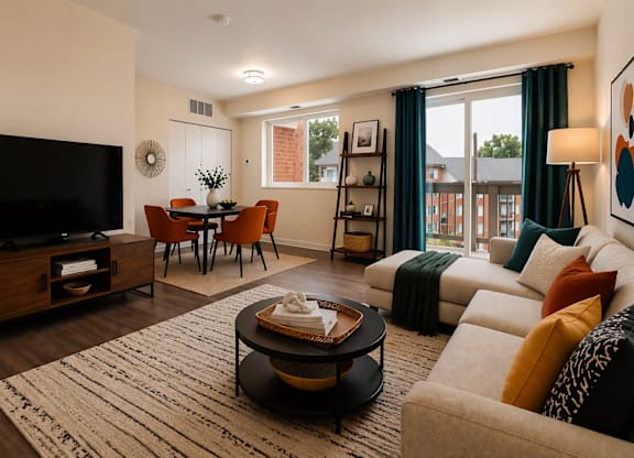A living room with a flat screen TV, a coffee table, and a sofa.