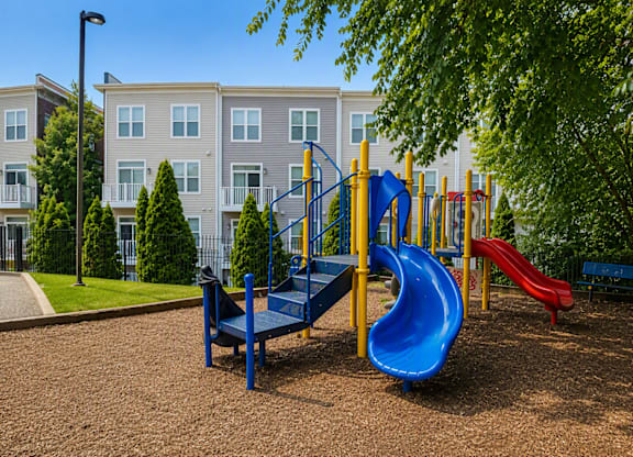 A playground with a blue slide and a red slide.
