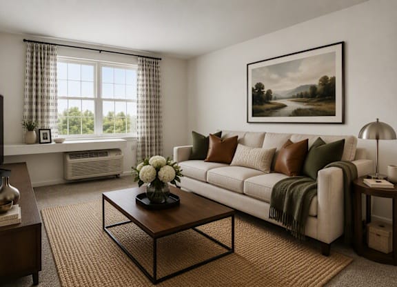 A living room with a couch, coffee table, and a painting on the wall.
