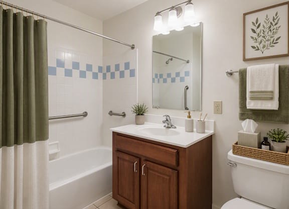 A bathroom with a green shower curtain and a white toilet.