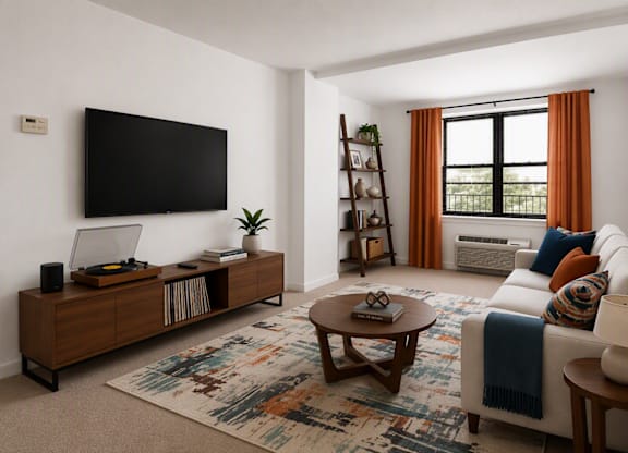 A living room with a white couch, a wooden coffee table, and a flat-screen TV mounted on the wall.