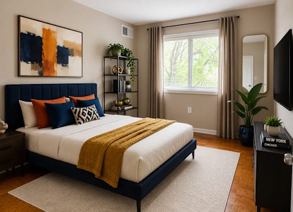 A bedroom with a large bed and a painting on the wall.