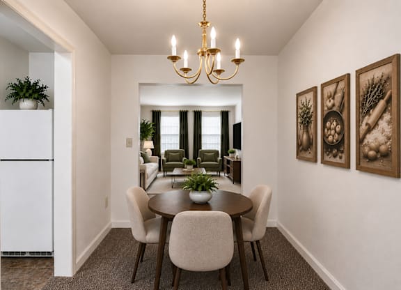 A dining room with a table set for four.