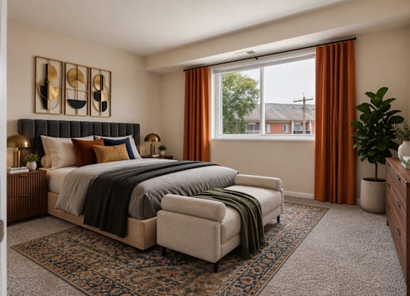 A bedroom with a large bed and a window with orange curtains.