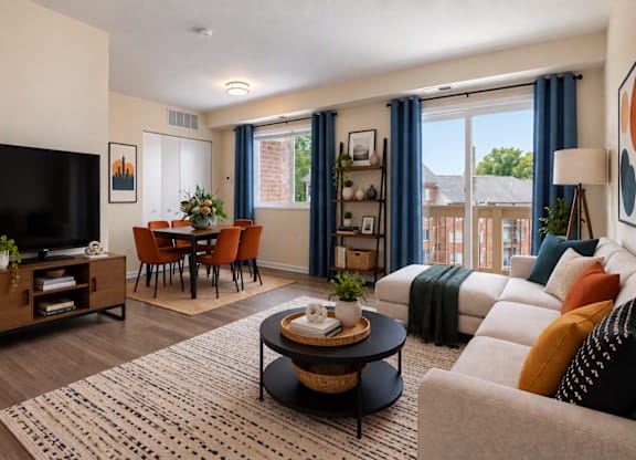 A living room with a flat screen TV, a coffee table, and a couch with throw pillows.