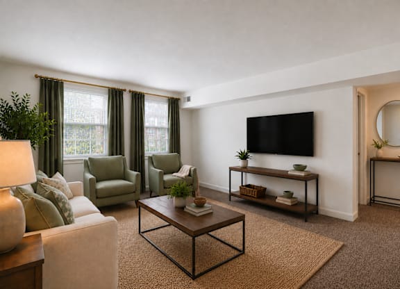 A living room with a white couch, a coffee table, a television, and a mirror.