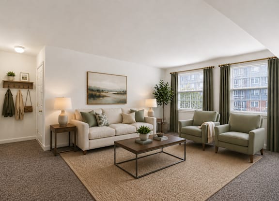 A living room with a white couch, two chairs, a coffee table, and a painting on the wall.