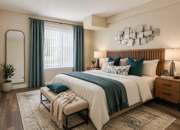 A bedroom with a large bed, a bench, and a mirror.