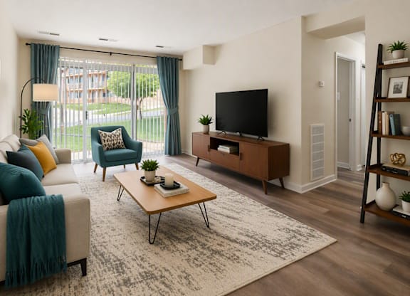 A living room with a couch, a coffee table, a television, and a window with a view of a garden.