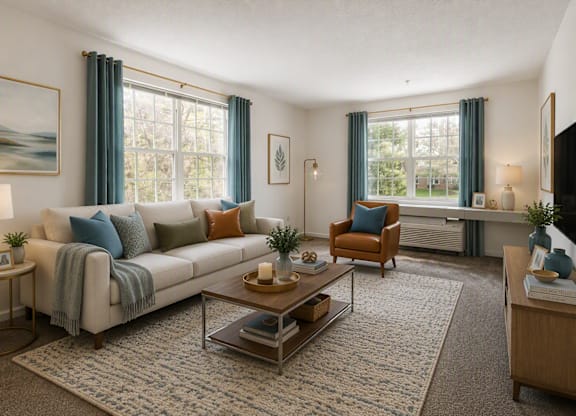 A living room with a couch, chair, and coffee table.