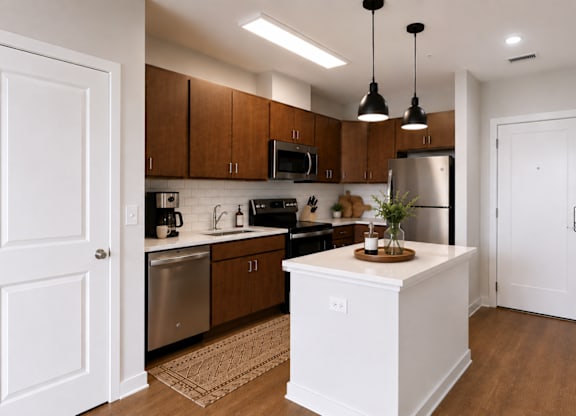 A kitchen with a white island in the middle and wooden cabinets.