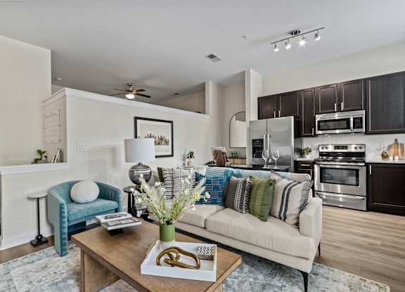 a living room with a couch and a table