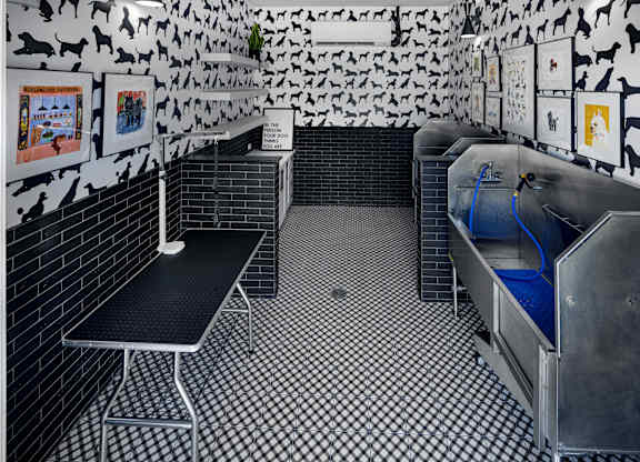 A room with black and white checkered floor and walls at Folksong Apartments, Flowery Branch, Georgia