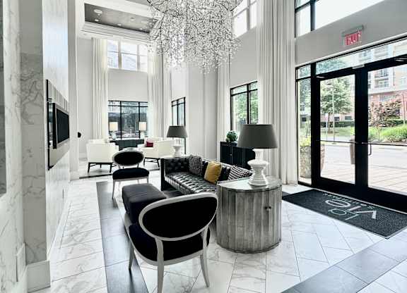 LaVie South Park lobby with seating and crystal chandelier