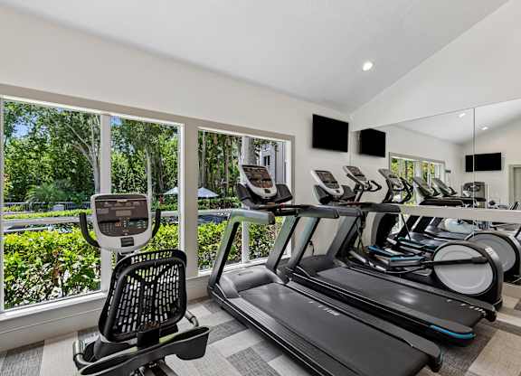 A row of treadmills in a gym with a view of trees outside the window.