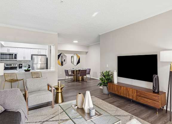 A modern living room with a grey sofa, a glass coffee table, and a black television on a wooden cabinet.