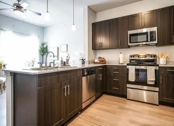Kitchen with appliances and cabinets at Emerson at Buda, Buda, Texas
