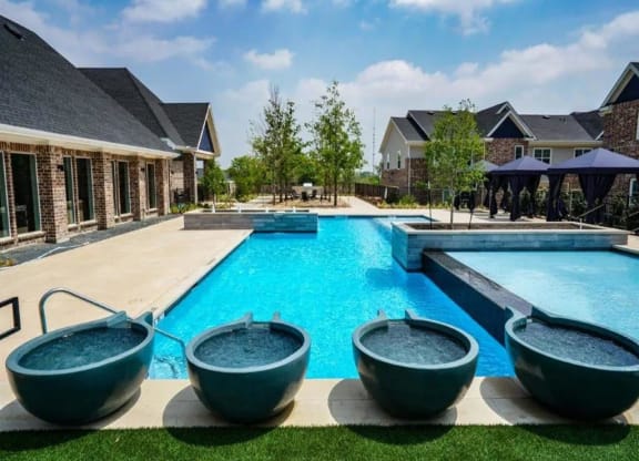 Pool fountain view from sitting area at Emerson at Buda, Buda, Texas
