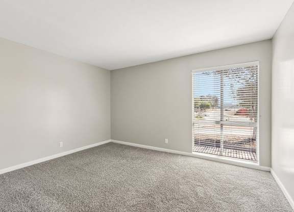 A room with a carpeted floor and a window with blinds.