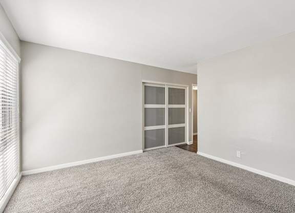 A room with a carpeted floor and a sliding glass door.