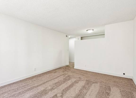 A room with a carpeted floor and a doorway leading to another room.