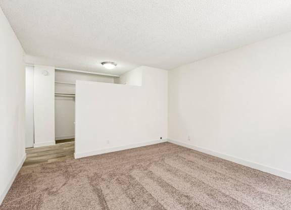 A room with a carpeted floor and white walls.