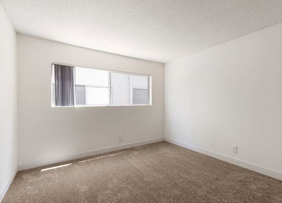 A room with a window and carpeted floor.