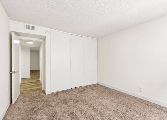 A room with white walls and carpeted floor with a doorway leading to another room.