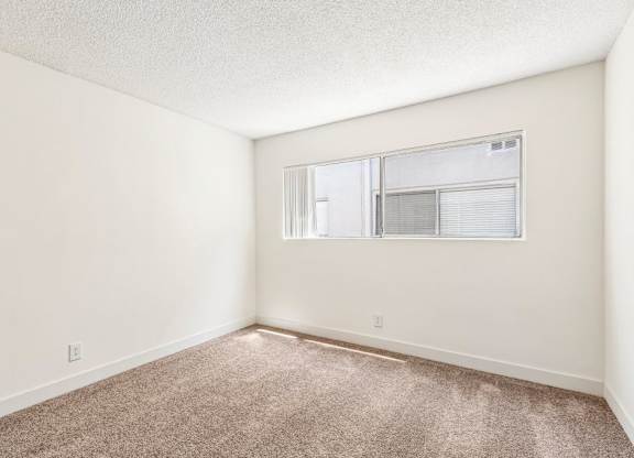 A room with a carpeted floor and a window.
