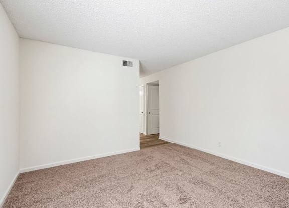 A room with a carpeted floor and a door in the middle.