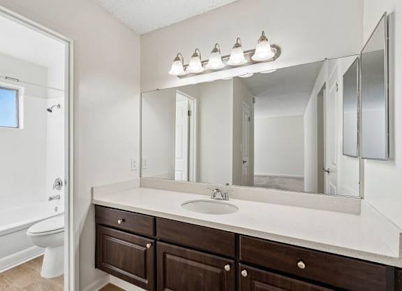 A bathroom with a sink, mirror, and toilet.