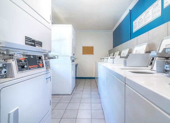 A clean, white-walled commercial kitchen with blue walls and white appliances.
