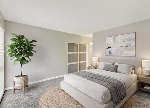 Bedroom with neutral tones and contemporary furnishings at Parc @ 5 Apartments, California, 90240