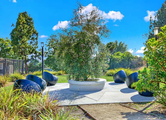 a seating area in a garden with trees and plants at Monterra Ridge Apartments,California