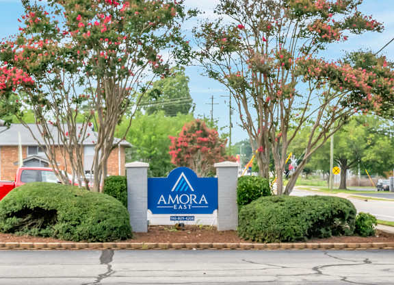 A sign for Amora in front of a street.