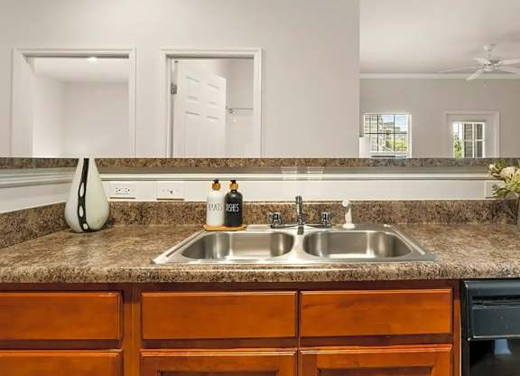 A kitchen with a sink and a counter.