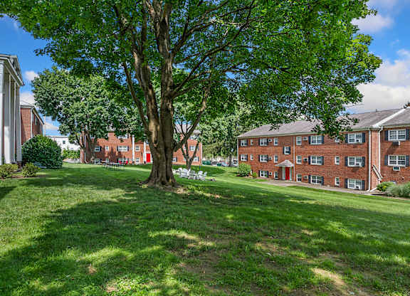 A tree in a grassy area in front of a red brick building.