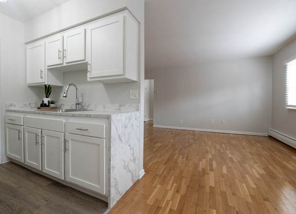 A kitchen with white cabinets and a marble countertop.