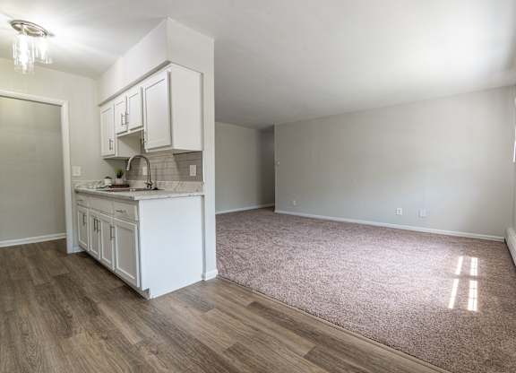 A kitchen area with a sink and cabinets.