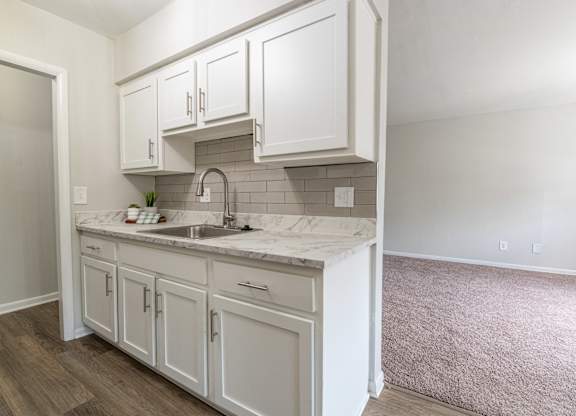 A kitchen with white cabinets and a marble countertop.