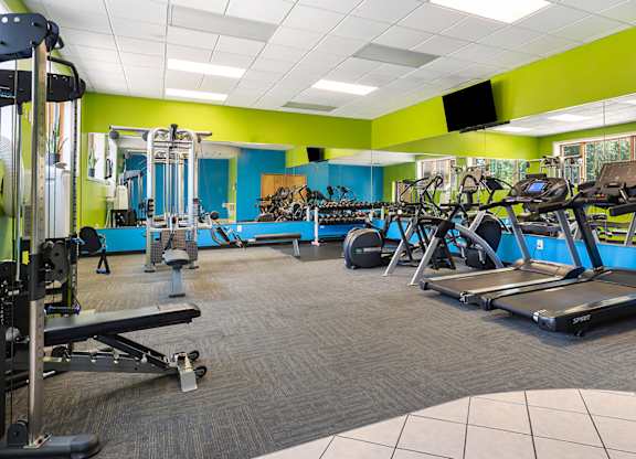 A gym with a variety of equipment including treadmills, weights, and exercise machines.